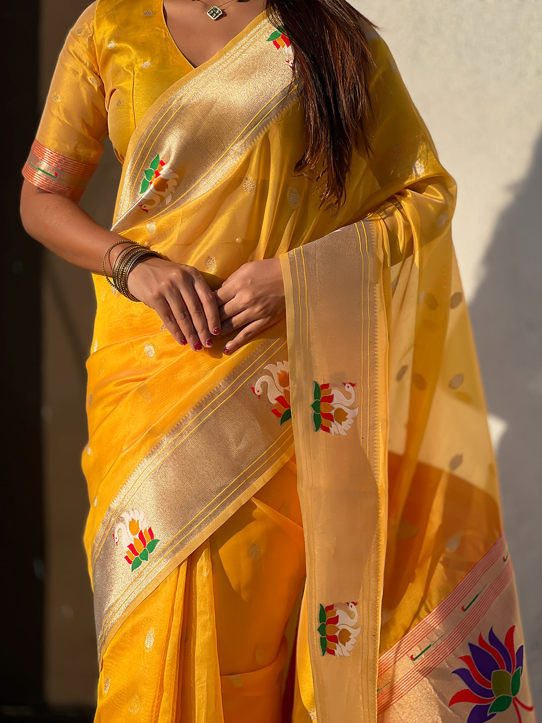 Yellow Organza Swan Paithani Silk Zari Woven Saree