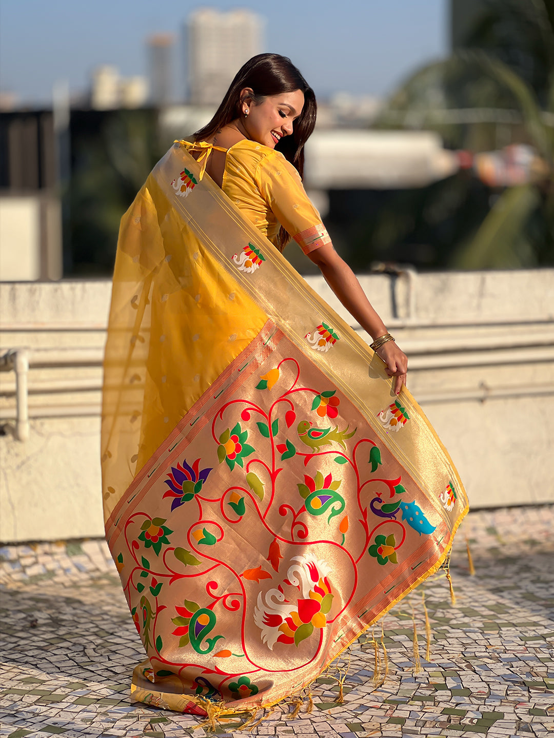 Yellow Organza Swan Paithani Silk Zari Woven Saree