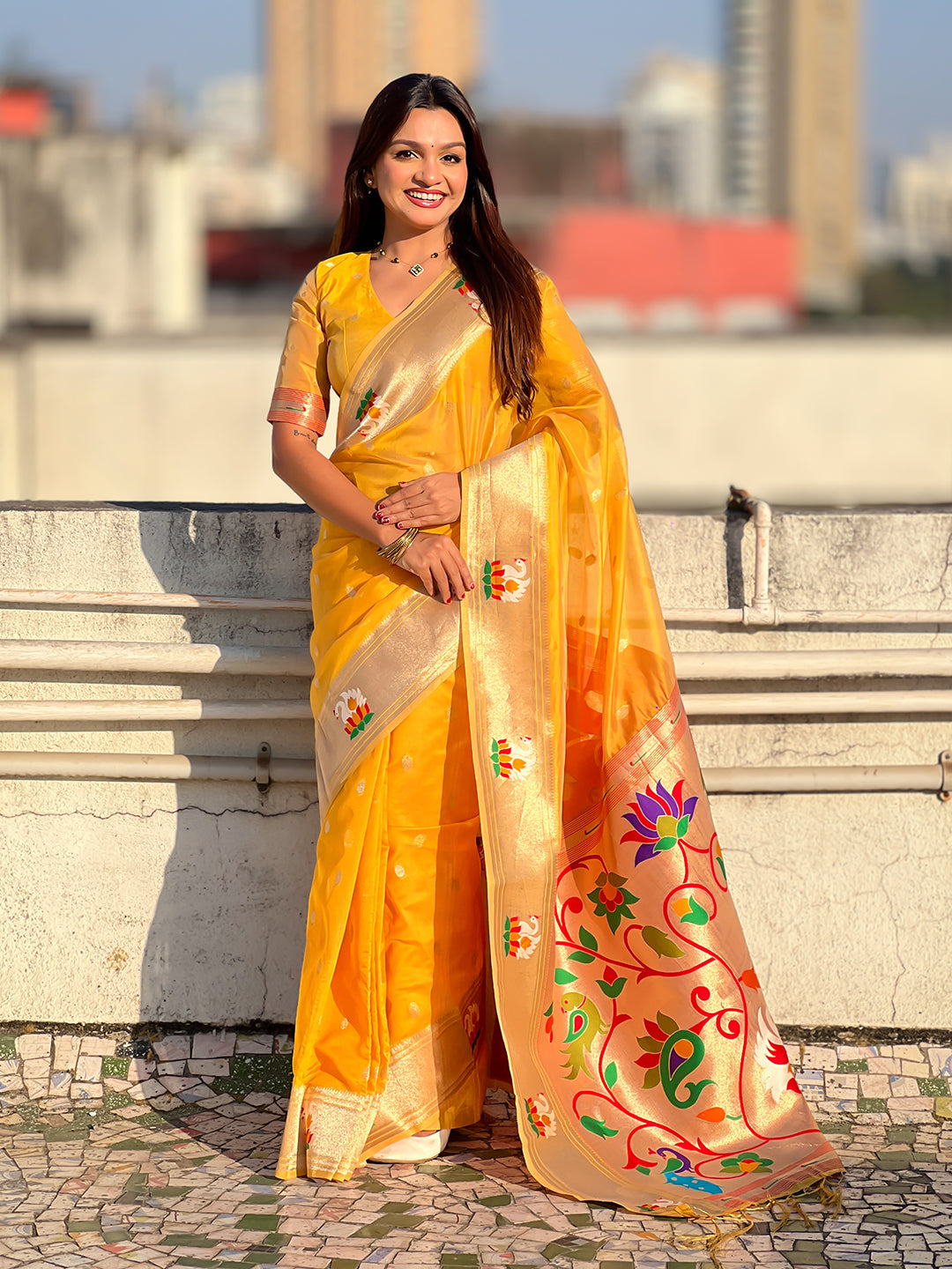 Yellow Organza Swan Paithani Silk Zari Woven Saree