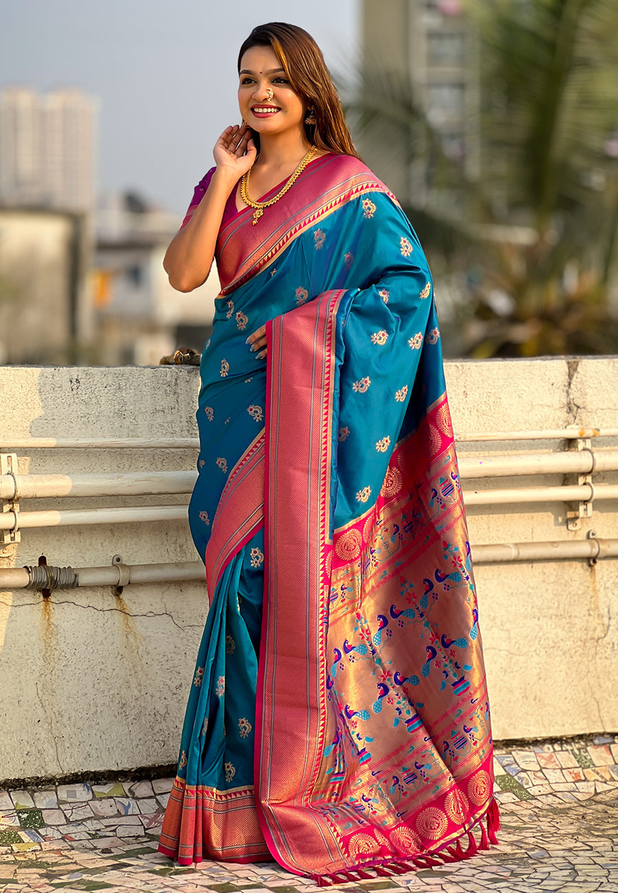 Blue Zari Woven Nath Contrast Yeola Paithani Silk Saree