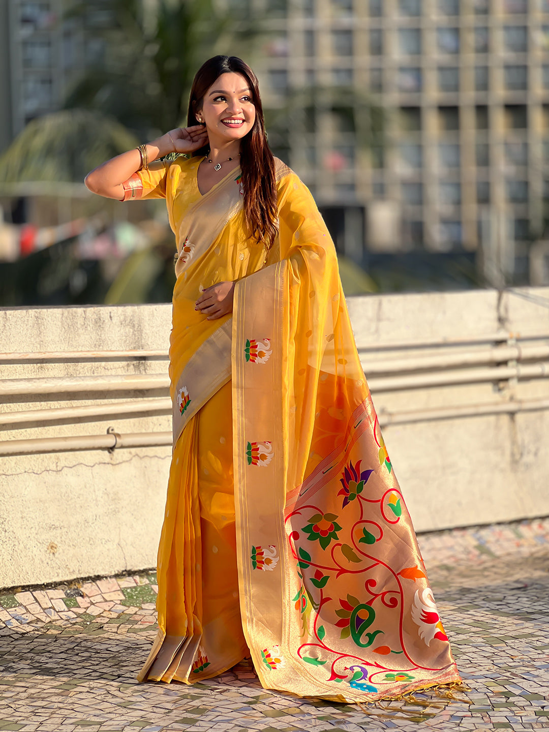Yellow Organza Swan Paithani Silk Zari Woven Saree