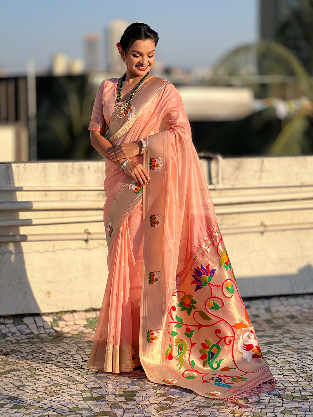 Baby Pink Organza Swan Paithani Silk Zari Woven Saree
