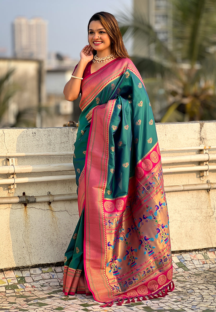 Green Zari Woven Nath Contrast Yeola Paithani Silk Saree