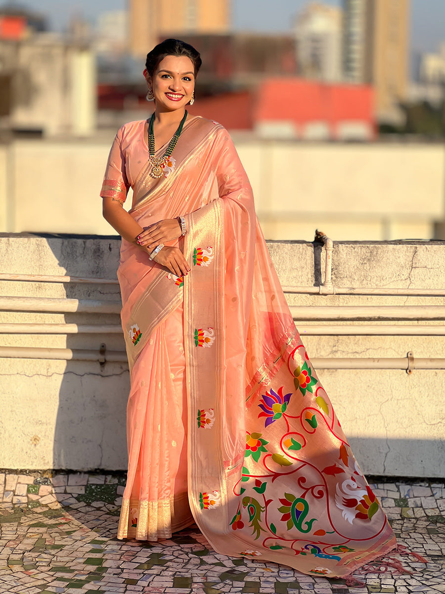 Baby Pink Organza Swan Paithani Silk Zari Woven Saree