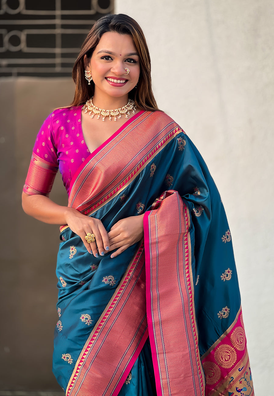 Denim Zari Woven Nath Contrast Yeola Paithani Silk Saree