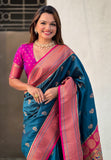 Denim Zari Woven Nath Contrast Yeola Paithani Silk Saree