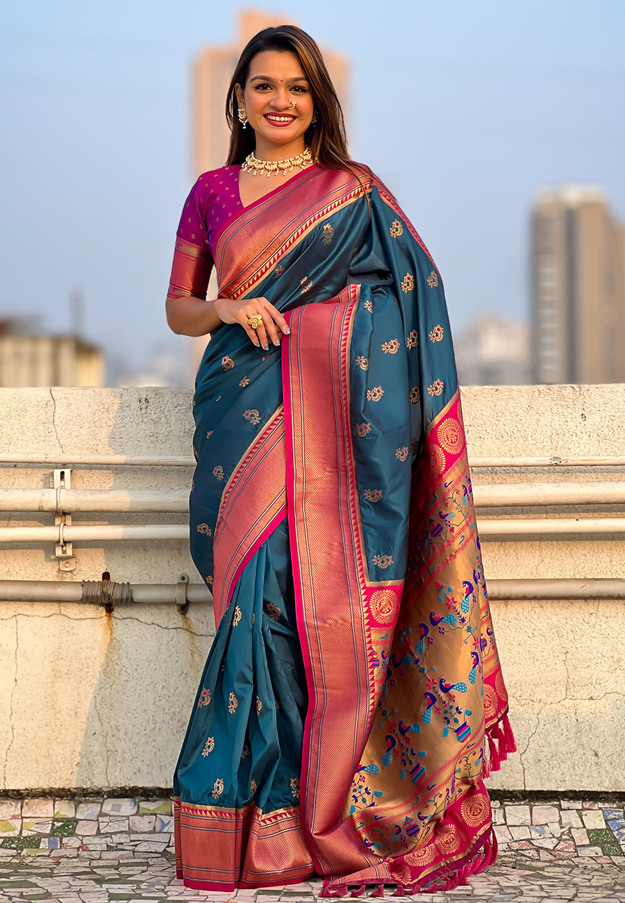 Denim Zari Woven Nath Contrast Yeola Paithani Silk Saree