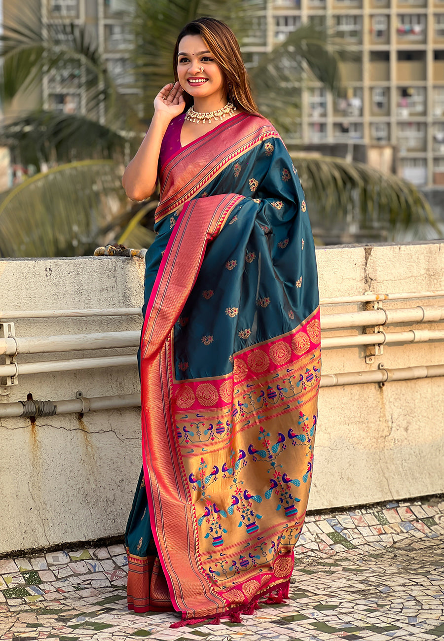 Denim Zari Woven Nath Contrast Yeola Paithani Silk Saree