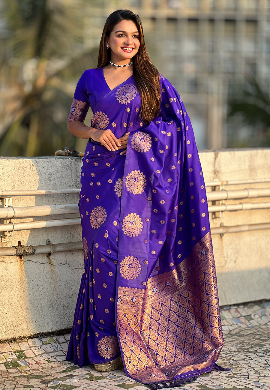 Violet Soft Silk Dual Zari Woven Saree with Peacock Border