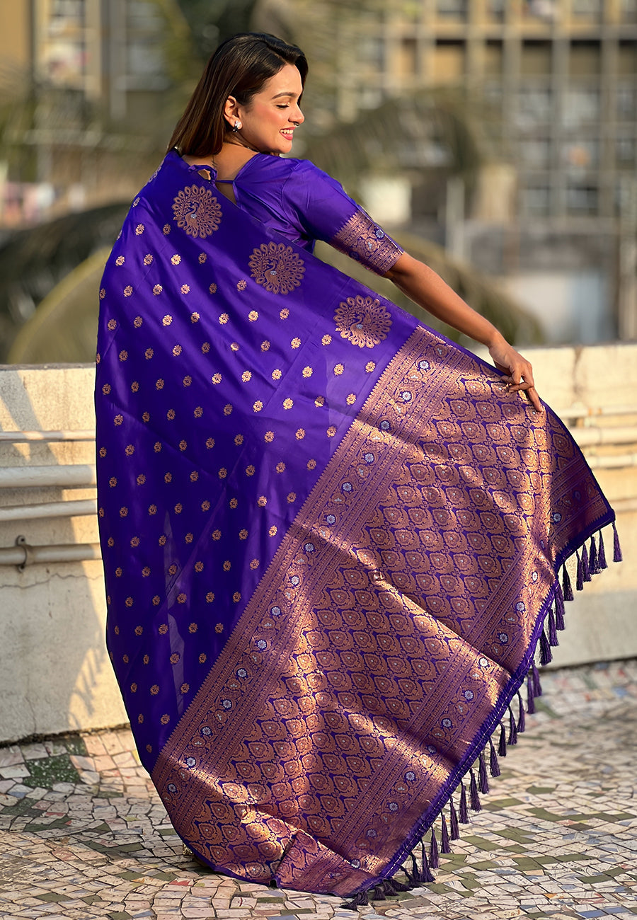 Violet Soft Silk Dual Zari Woven Saree with Peacock Border