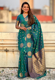 Green Soft Silk Dual Zari Woven Saree with Peacock Border