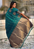 Green Soft Silk Dual Zari Woven Saree with Peacock Border