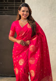 Pink Soft Silk Dual Zari Woven Saree with Peacock Border