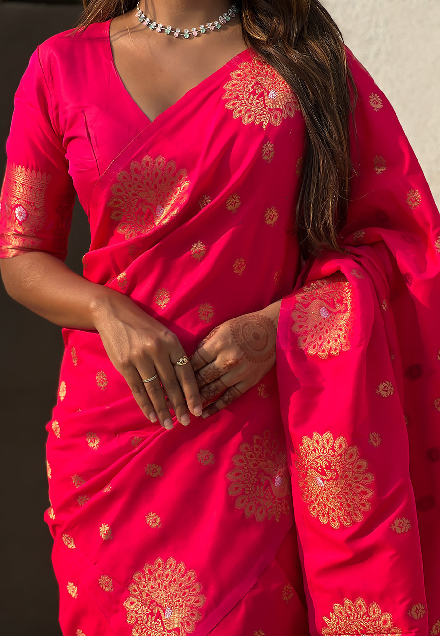 Pink Soft Silk Dual Zari Woven Saree with Peacock Border
