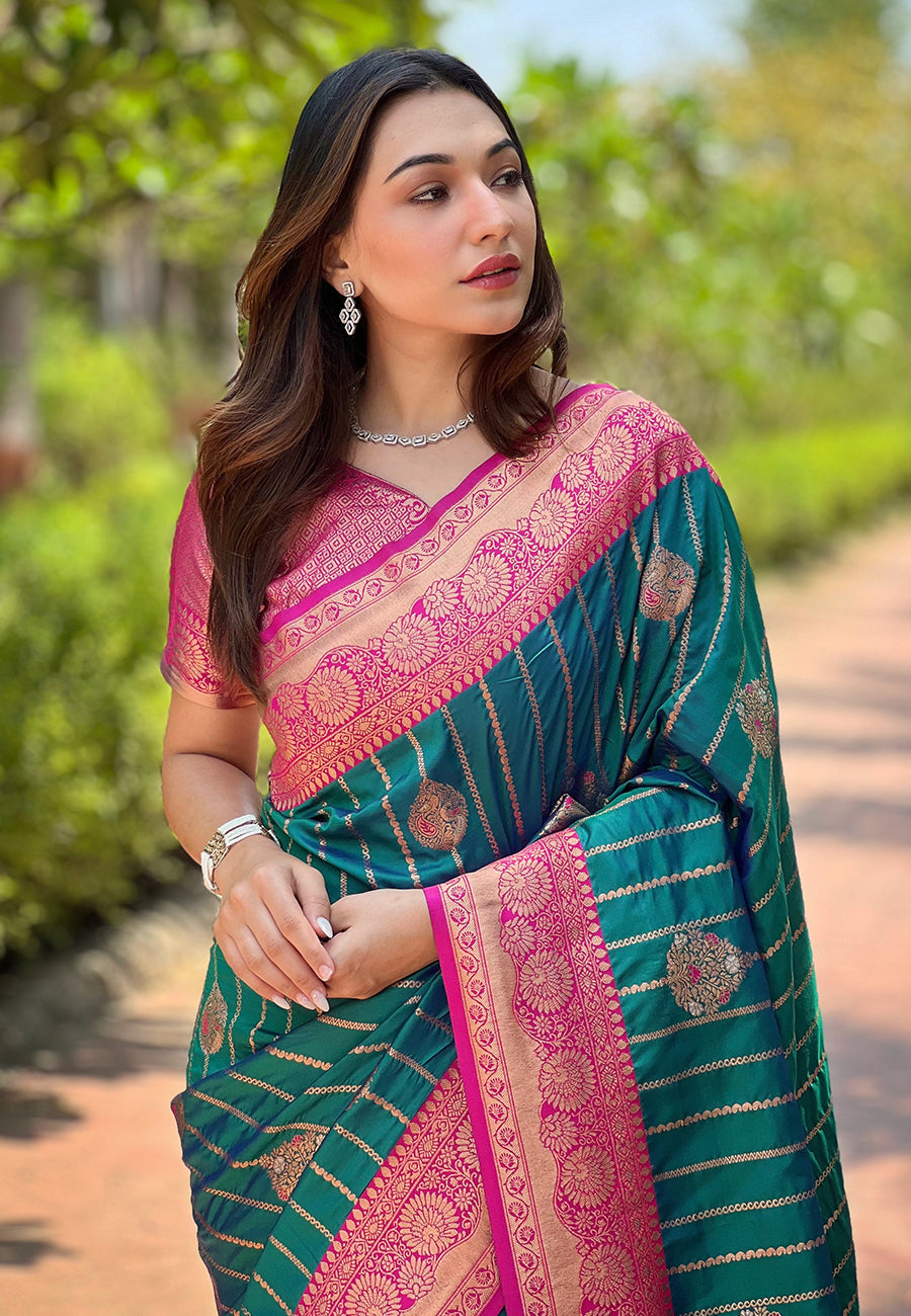 Bottle Green Soft Silk Contrast Zari Woven Saree
