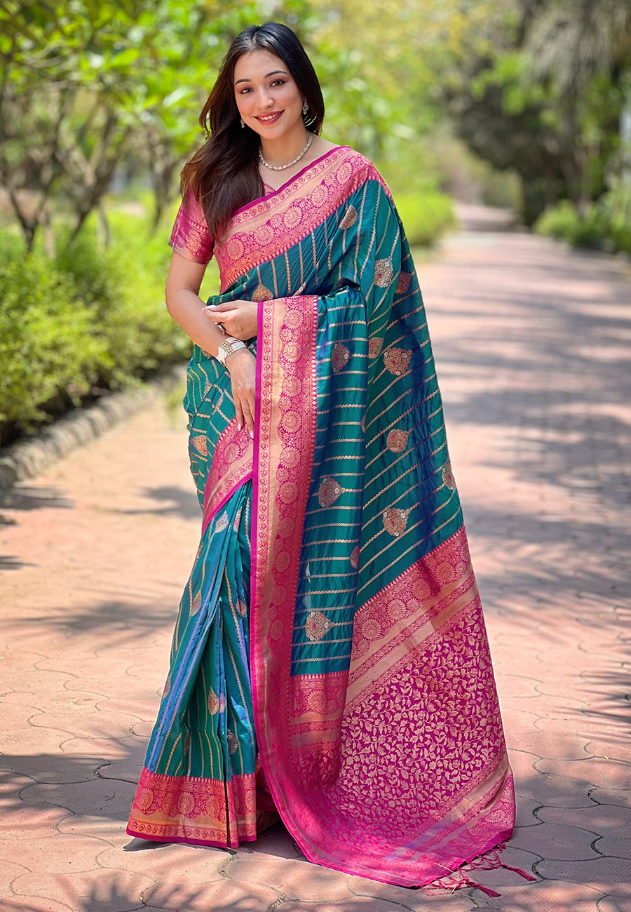 Bottle Green Soft Silk Contrast Zari Woven Saree
