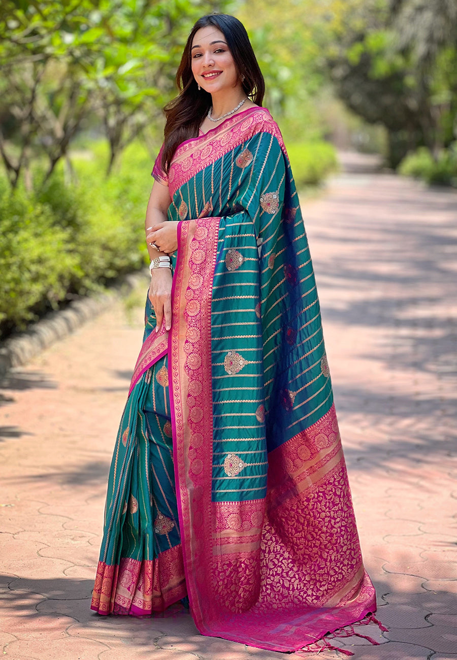Bottle Green Soft Silk Contrast Zari Woven Saree