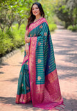 Bottle Green Soft Silk Contrast Zari Woven Saree