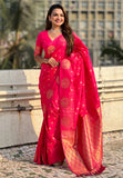Pink Soft Silk Dual Zari Woven Saree with Peacock Border
