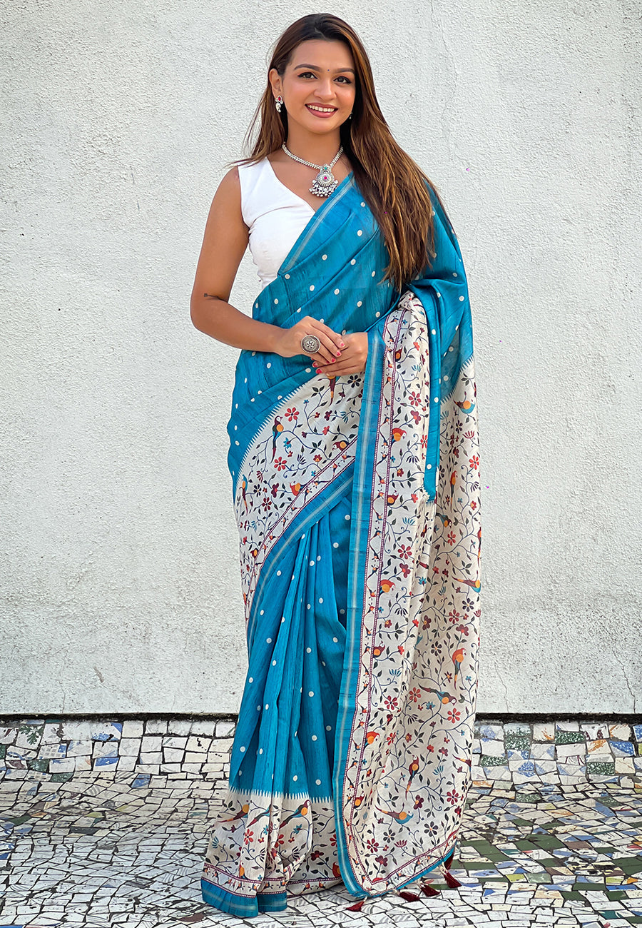 Denim Blue Katki Silk Printed Kalamkari Saree with Zari Border