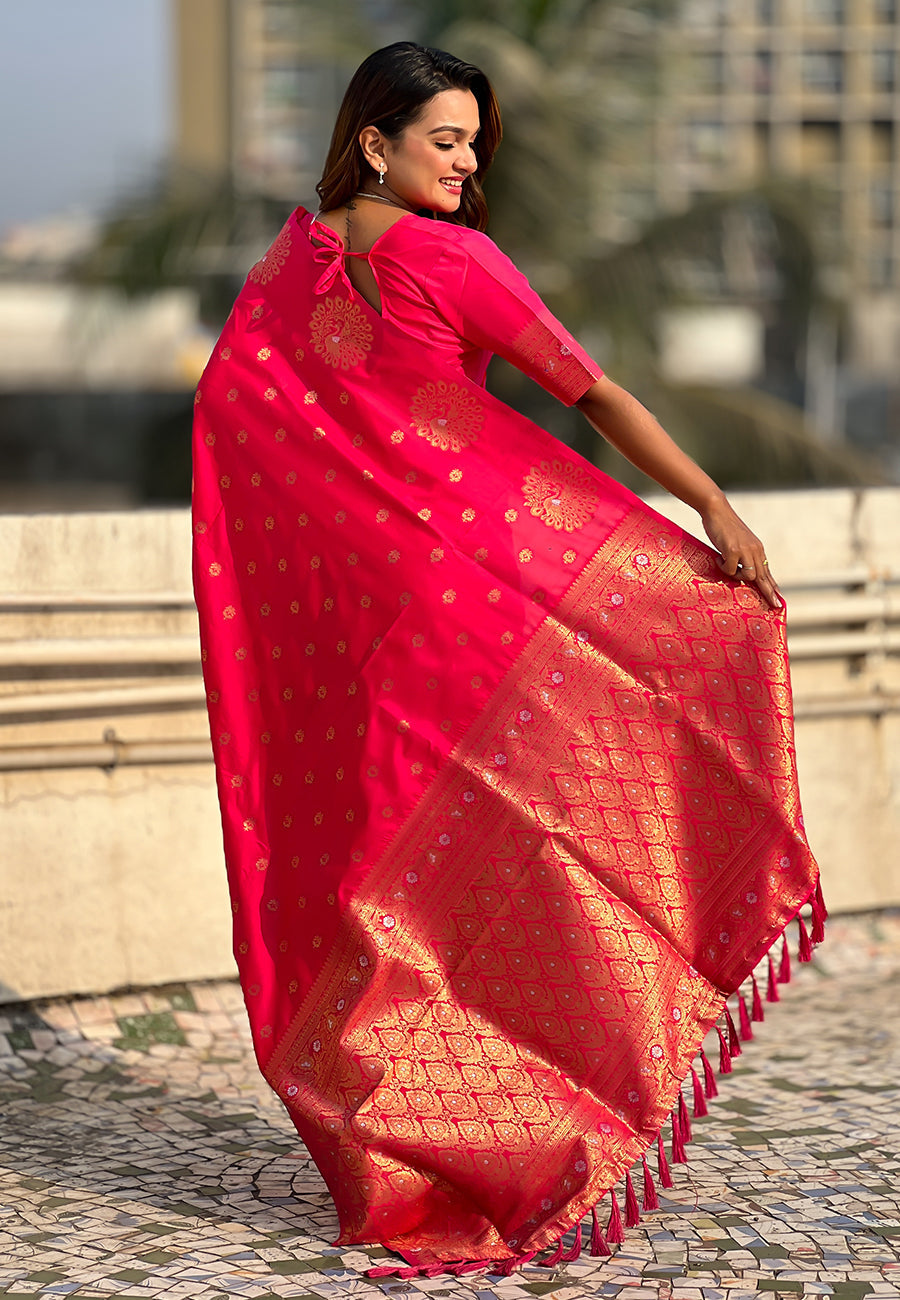 Pink Soft Silk Dual Zari Woven Saree with Peacock Border