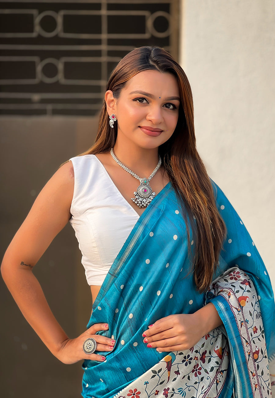 Denim Blue Katki Silk Printed Kalamkari Saree with Zari Border