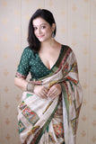 Green Tussar Silk Bold Kalamkari Figure Printed Saree with Zari Woven Border