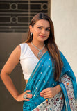 Denim Blue Katki Silk Printed Kalamkari Saree with Zari Border