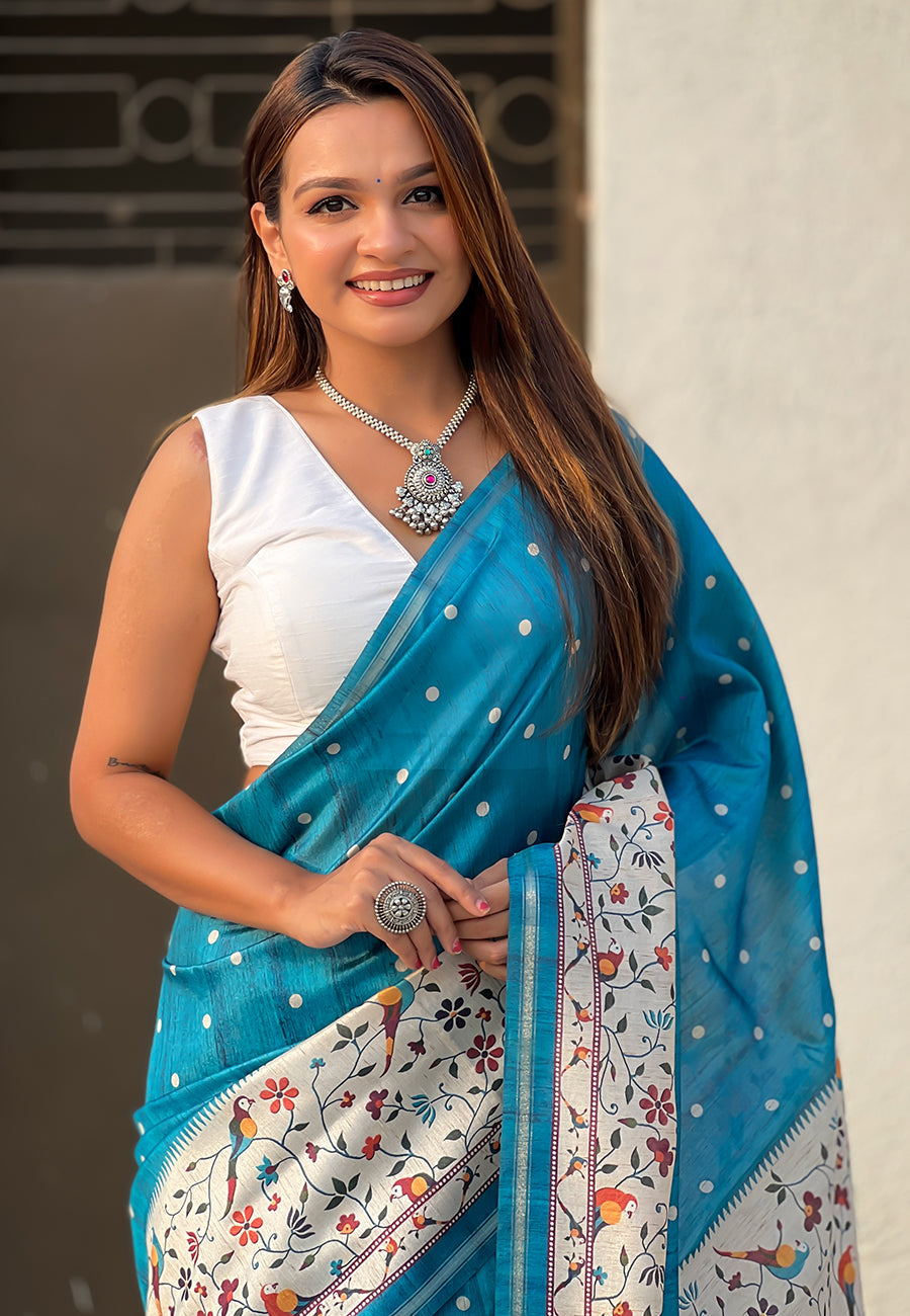 Denim Blue Katki Silk Printed Kalamkari Saree with Zari Border