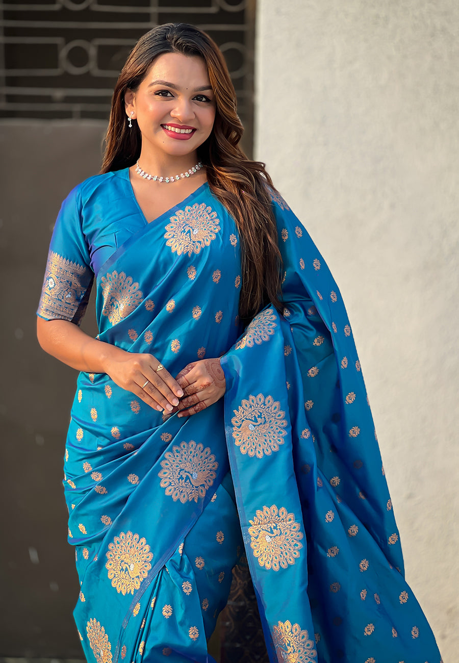 Blue Soft Silk Dual Zari Woven Saree with Peacock Border