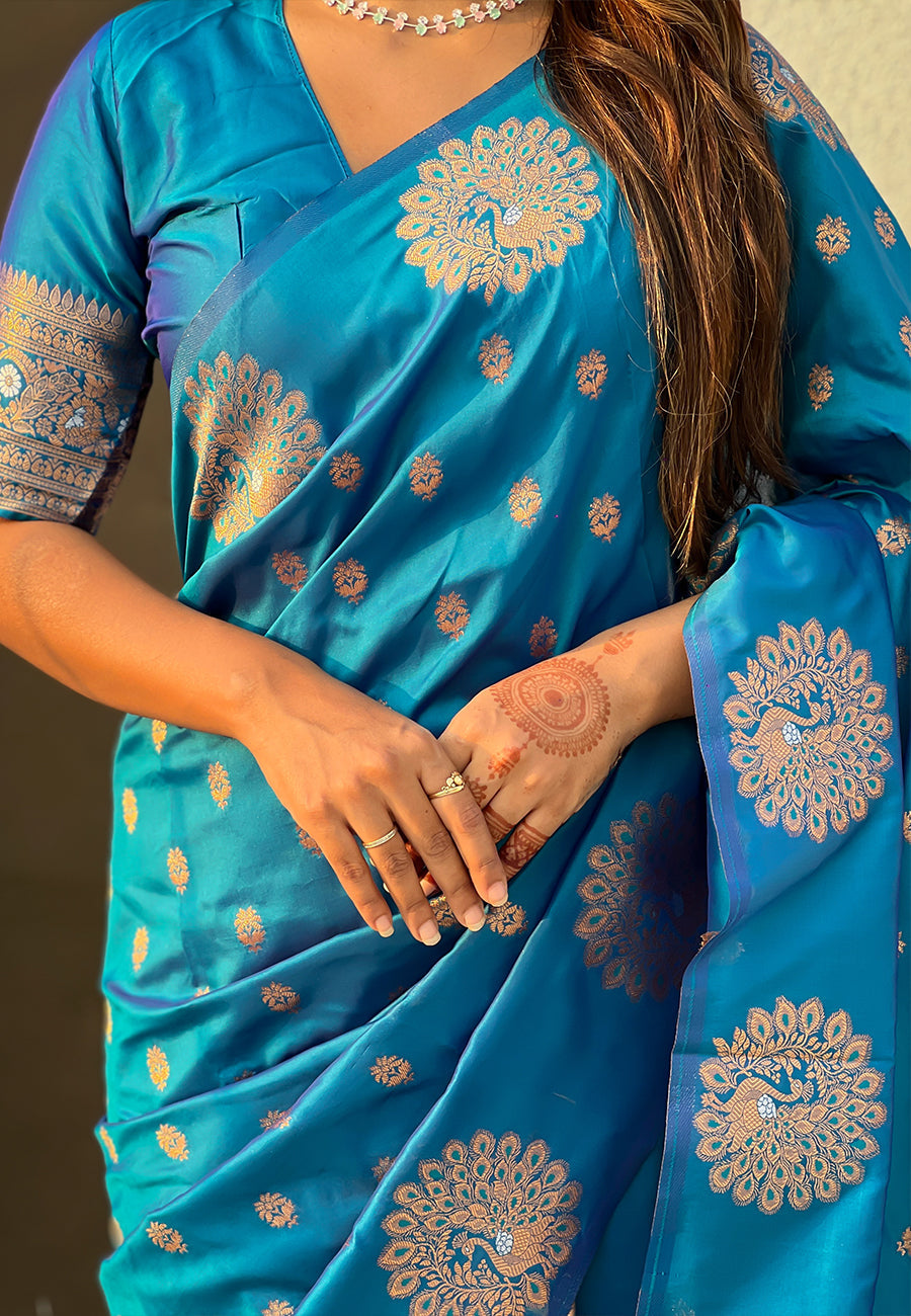 Blue Soft Silk Dual Zari Woven Saree with Peacock Border