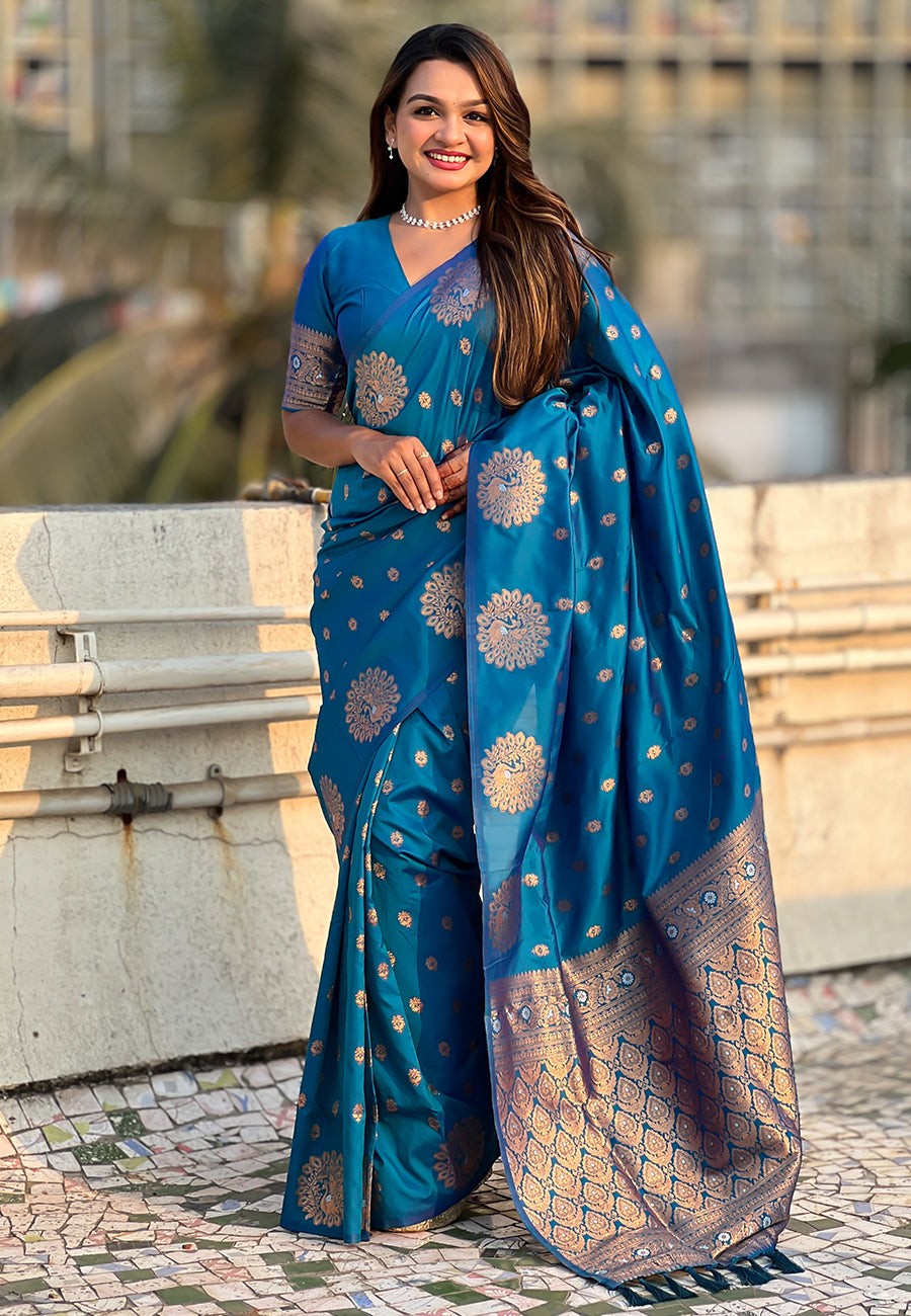 Blue Soft Silk Dual Zari Woven Saree with Peacock Border