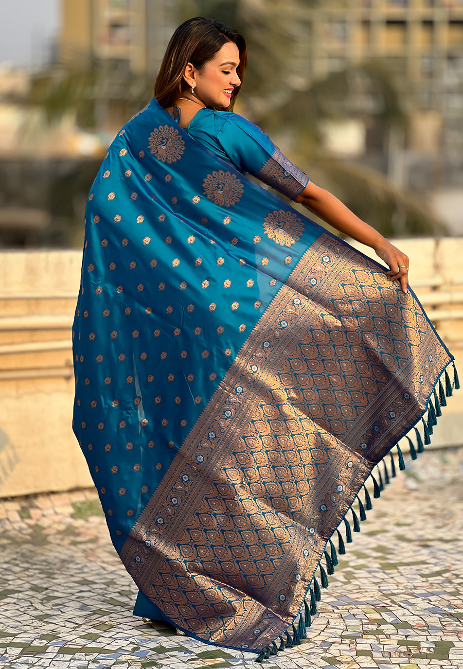 Blue Soft Silk Dual Zari Woven Saree with Peacock Border