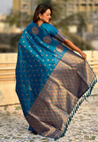 Blue Soft Silk Dual Zari Woven Saree with Peacock Border