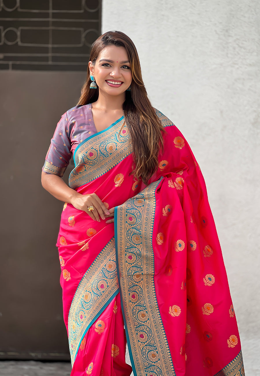 Pink Soft Silk Saree with Sunflower Butta Meenakari Zari Woven Saree