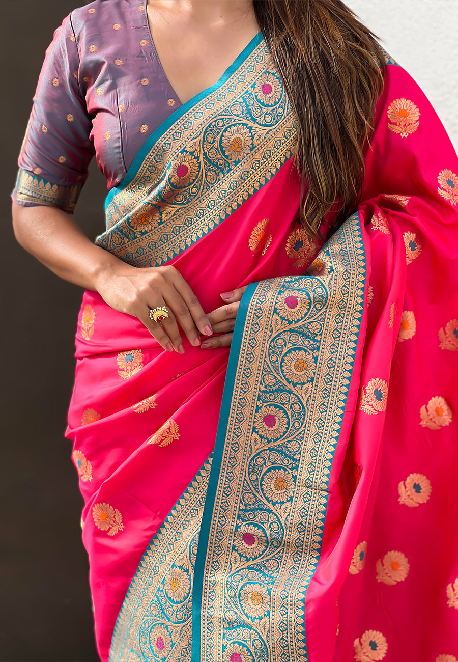 Pink Soft Silk Saree with Sunflower Butta Meenakari Zari Woven Saree