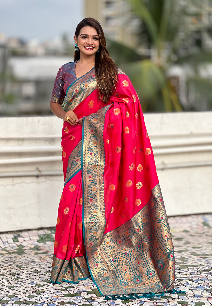 Pink Soft Silk Saree with Sunflower Butta Meenakari Zari Woven Saree