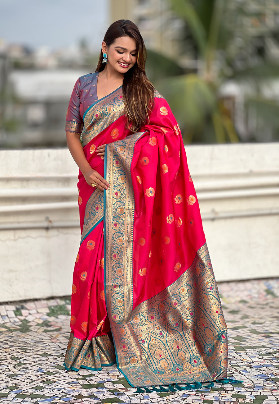 Pink Soft Silk Saree with Sunflower Butta Meenakari Zari Woven Saree