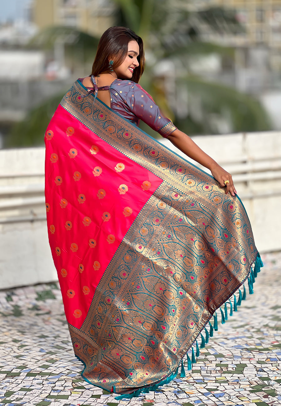 Pink Soft Silk Saree with Sunflower Butta Meenakari Zari Woven Saree