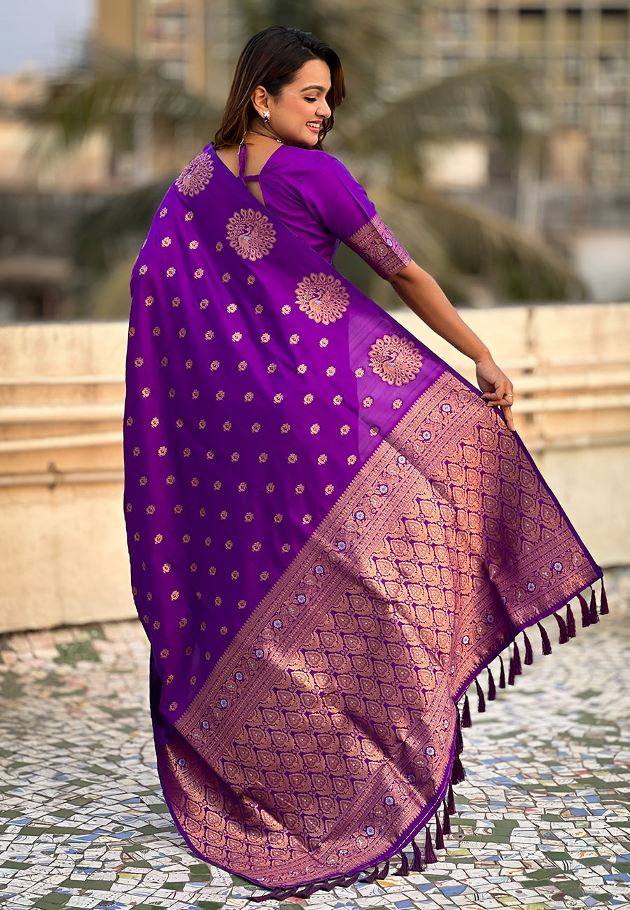 Purple Soft Silk Dual Zari Woven Saree with Peacock Border