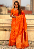 Orange Soft Silk Dual Zari Woven Saree with Peacock Border