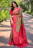 Mehendi Green Soft Silk Contrast Zari Woven Saree