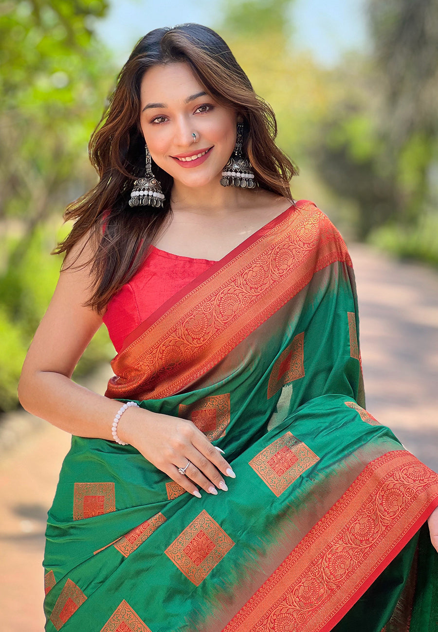 Green Soft Silk Contrast Zari Woven Saree