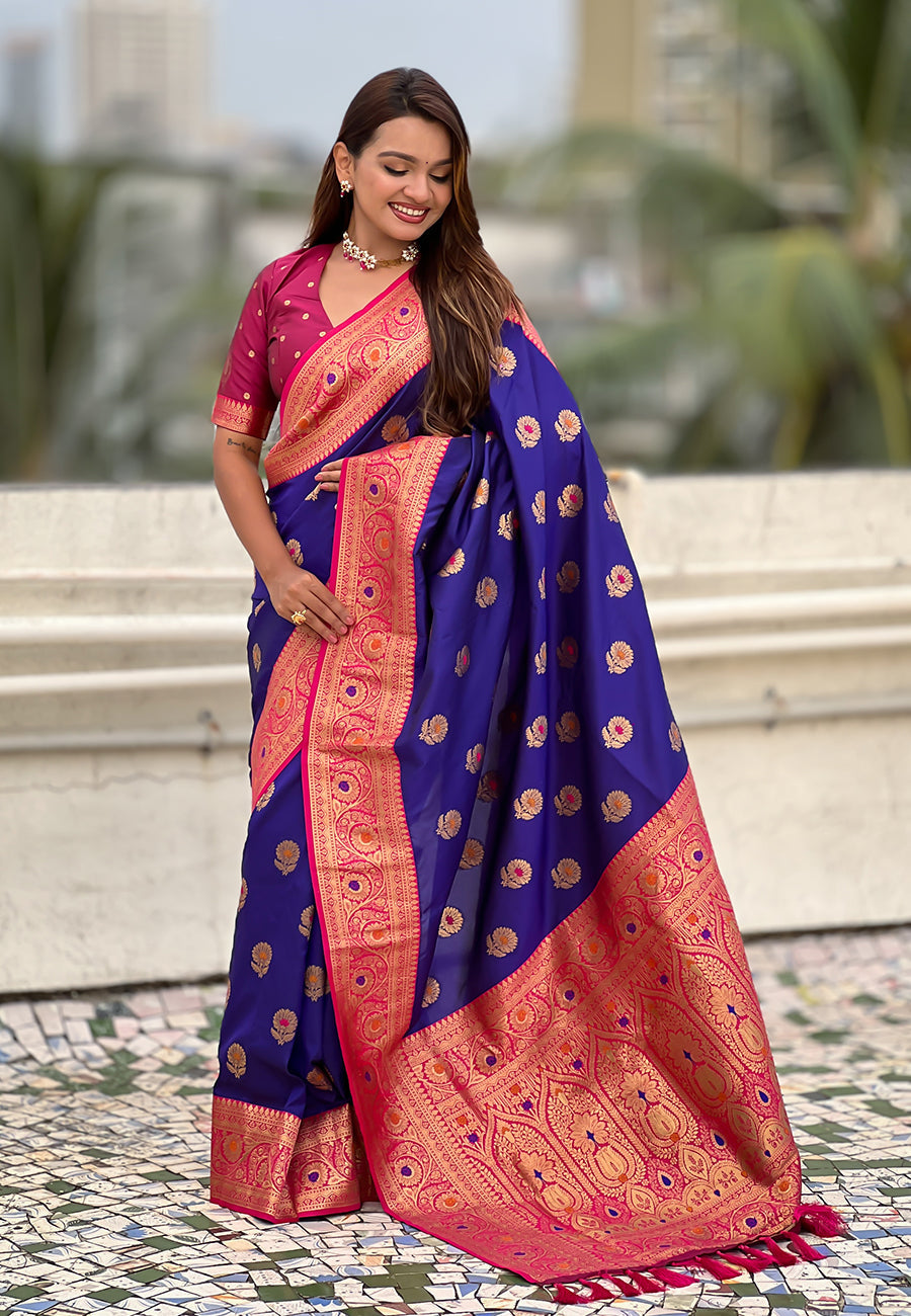 Violet Soft Silk Saree with Sunflower Butta Meenakari Zari Woven Saree