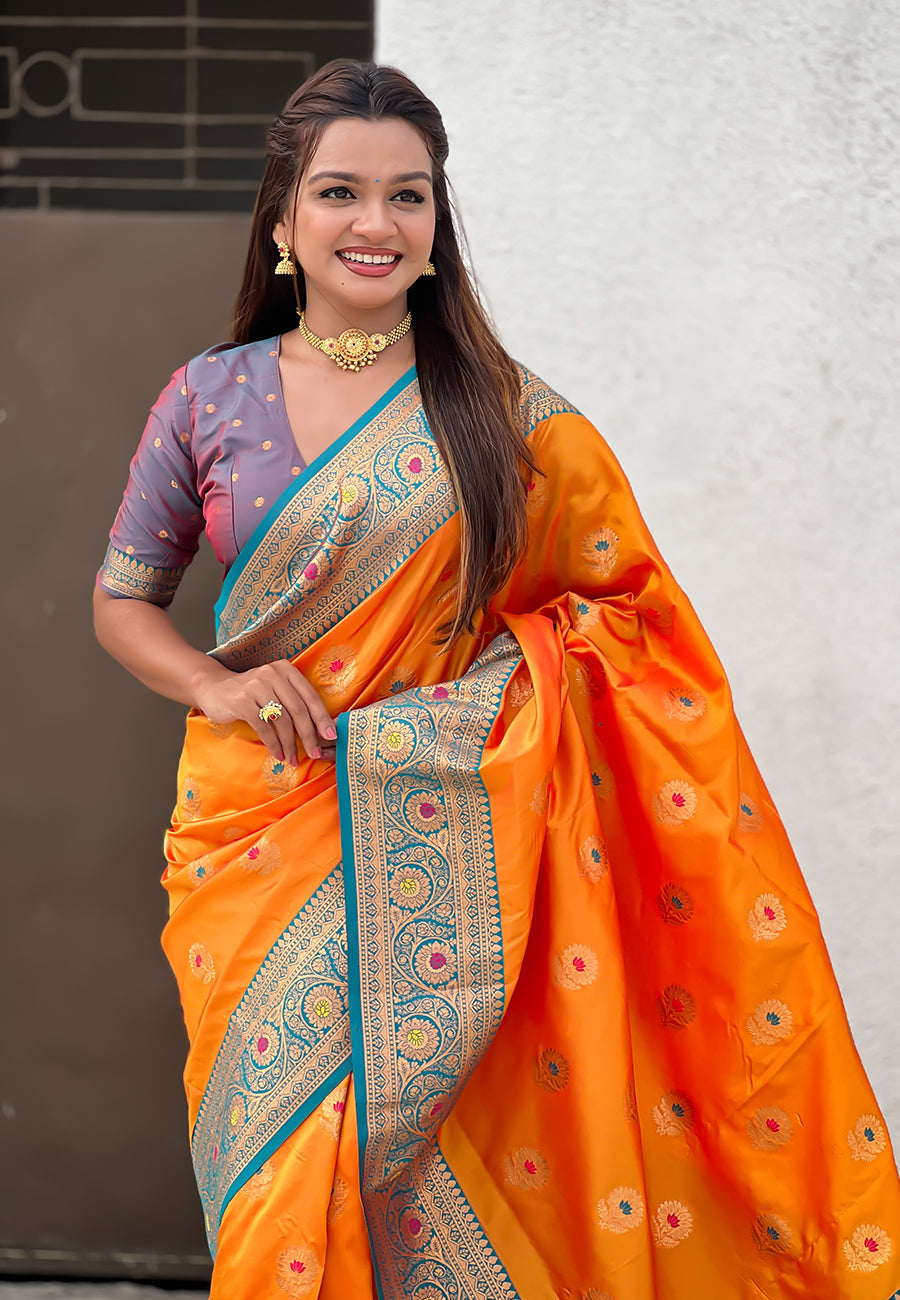 Orange Soft Silk Saree with Sunflower Butta Meenakari Zari Woven Saree