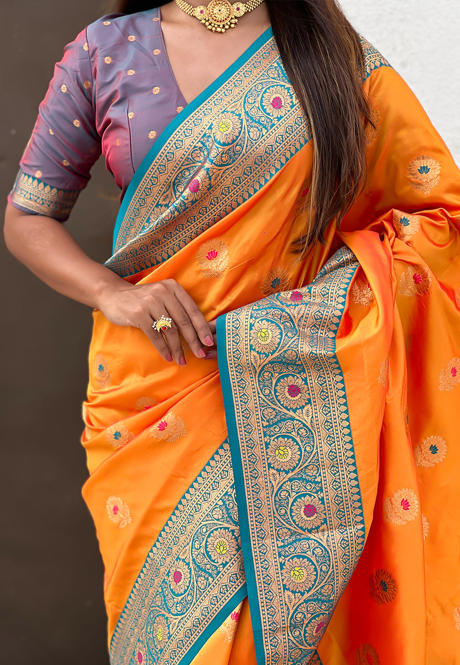 Orange Soft Silk Saree with Sunflower Butta Meenakari Zari Woven Saree