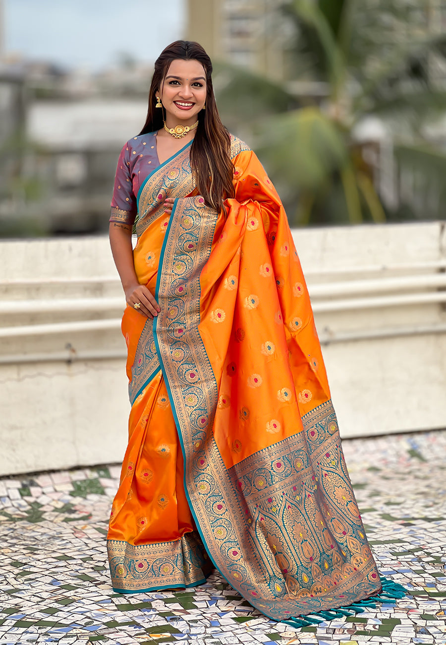 Orange Soft Silk Saree with Sunflower Butta Meenakari Zari Woven Saree