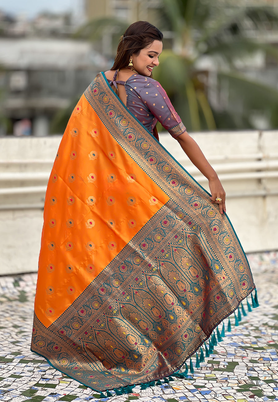 Orange Soft Silk Saree with Sunflower Butta Meenakari Zari Woven Saree