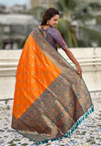 Orange Soft Silk Saree with Sunflower Butta Meenakari Zari Woven Saree