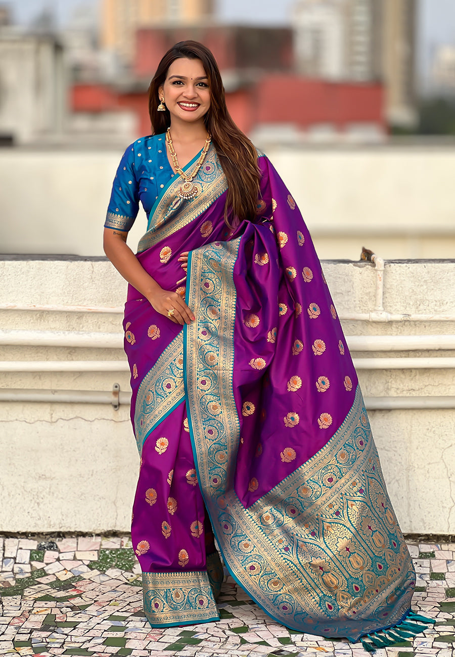 Wine Soft Silk Saree with Sunflower Butta Meenakari Zari Woven Saree